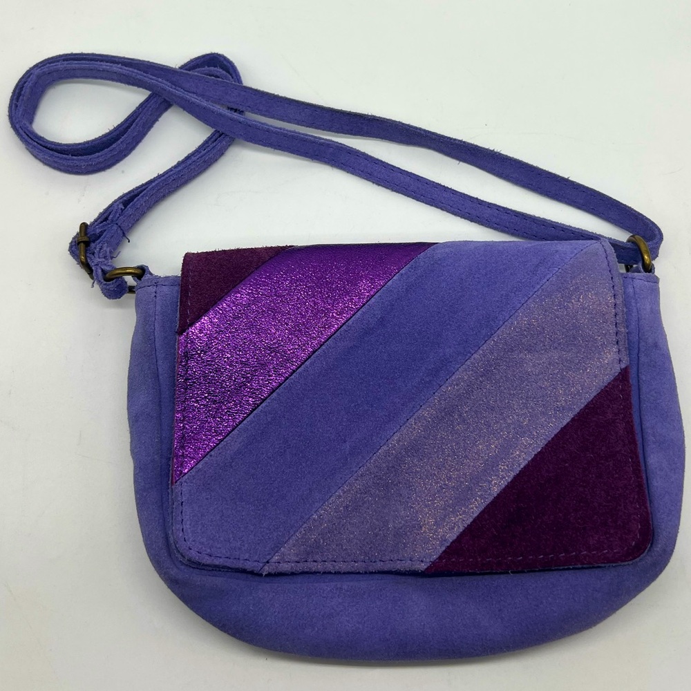 CRAZY LOU PARIS Purple Striped Suede Leather Glitter Crossbody Bag